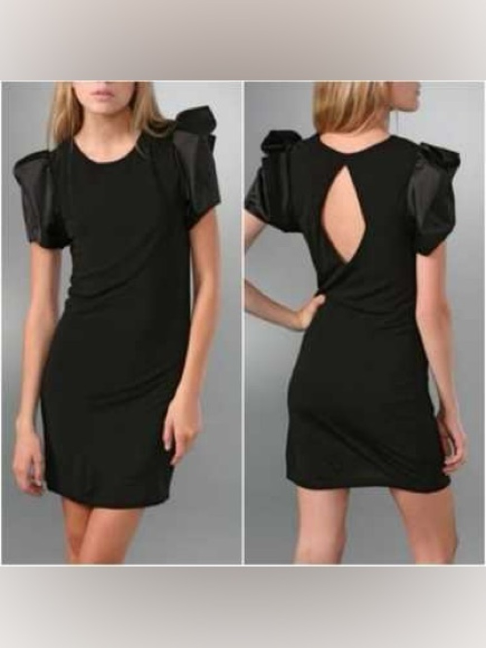 Alice & Olivia Little Black Dress Satin Puff Sleeve Key Hole Back Small EUC